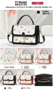 Detailed view of cherry print crossbody bag with dimensions 21x7x14cm and color options