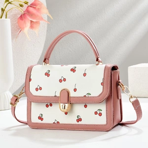 Cherry Print Small Square Handbag PU Leather Sweet Crossbody Bag With Turn Lock For Women Daily Matching