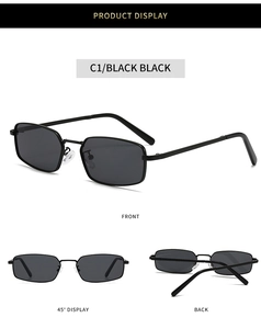 Three-view display of black rectangular metal sunglasses with dark gray polarized lenses