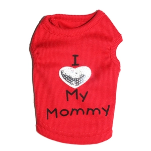 Detail view of red ribbed pet vest with I Love My Mommy sequin heart pattern