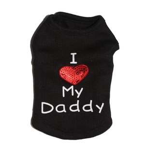 Detail of black pet vest with red sequin heart and 'I Love My Daddy' embroidery