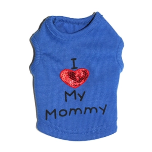 Detail of blue pet vest featuring a red sequin heart and Mommy embroidery design