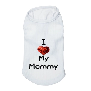 Close-up of ribbed pet vest featuring red sequin heart and Mommy text decoration