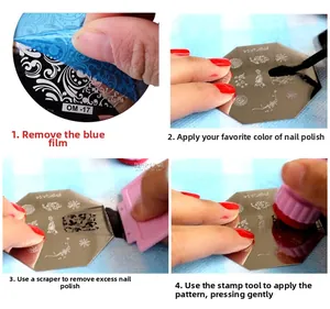Detailed four-step guide for using metal nail art stamping plates with floral patterns