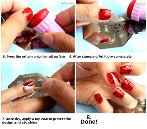 Step-by-step guide using pink silicone nail stamper and geometric metal plate tool