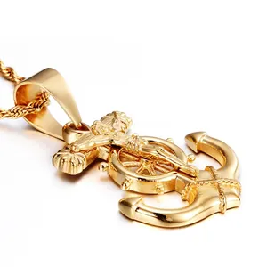Anchor Cross Jesus Crucifix Pendant Necklace Stainless Steel Rhinestone Hip Hop Nautical Jewelry For Men