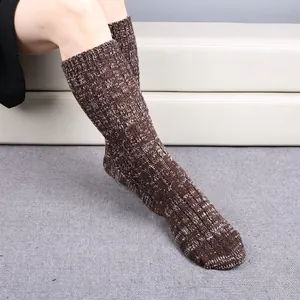 Thick knit floor socks in brown and white wool blend with ribbed vertical stripes