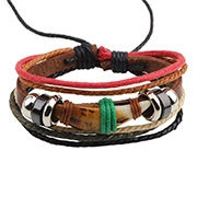 Detailed close-up of layered leather cords and beads on this woven peace symbol bracelet
