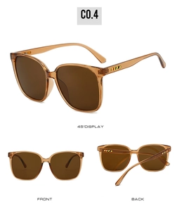 Detail view of retro square frameless sunglasses in amber brown with striped temple design