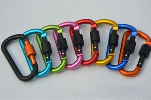 Close-up of colorful 8cm D-ring carabiners with screw lock mechanism on white background
