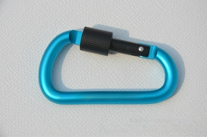 Detail of blue aluminum carabiner with screw lock and Not For Climbing engraving