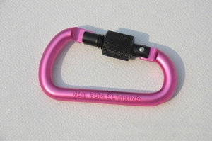 Pink D-ring aluminum carabiner with black screw lock and Not For Climbing engraving