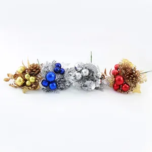 Christmas pick set with glitter leaves pinecones and colorful ornaments in four shades