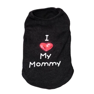 Detail of black pet vest featuring sequined red heart and I Love My Mommy white print