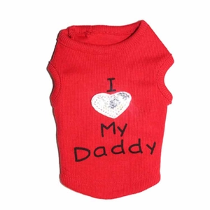 Detail of red ribbed cotton pet vest featuring I Love My Daddy slogan with sequined heart