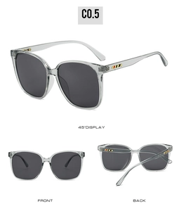 Detailed multi-angle view of vintage square rimless sunglasses with striped temples