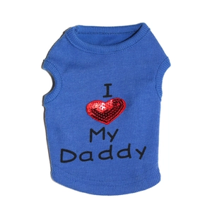 Detailed knit texture of blue pet vest with red sequin heart and Daddy embroidery