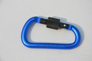 Blue D-ring carabiner detail with black screw lock and NOT FOR CLIMBING engraving