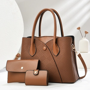 Three-piece brown tote bag set with woven texture including wallet and small card holder
