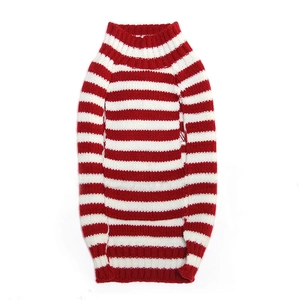 Close-up of red and white striped pet knit sweater showing high collar and soft texture