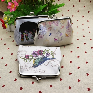 Vintage PU leather coin purses with floral elephant and bird prints and metal clasps