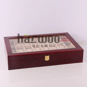 Detailed internal view of 20-slot dark wood watch display box with beige velvet pillows