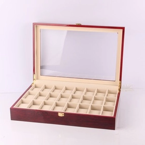 Detailed macro view of 30 slots wooden watch box with soft velvet lining and glass lid