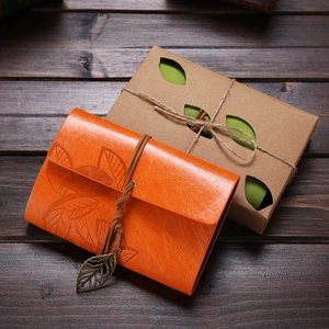 Retro Leather Loose-leaf Notebook With Metal Leaf Pendant Kraft Paper Inner Diary Journal Stationery Gift For Travel