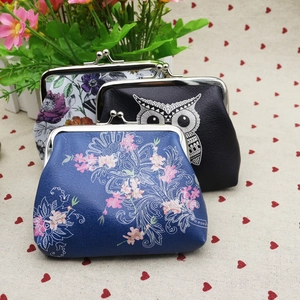 Vintage PU leather coin purse set with owl and floral patterns and metal clasp