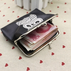 Compact PU leather coin purse with owl print showing large capacity for cash bills
