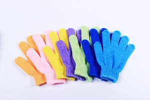 Close-up of colorful nylon exfoliating bath gloves in seven bright vibrant colors