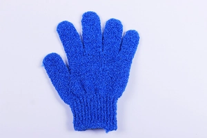 Close-up of blue exfoliating nylon shower glove with deep cleansing scrub texture