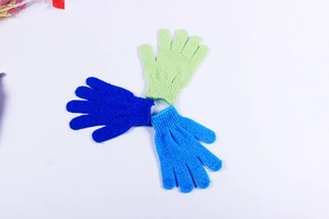 Detailed close-up of nylon exfoliating gloves in green, royal blue, and sky blue colors