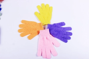 Close-up of exfoliating nylon shower gloves in yellow, orange, purple and pink