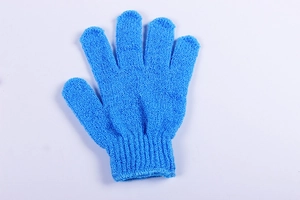 Close-up of blue five-finger exfoliating bath glove with elastic cuff and textured nylon