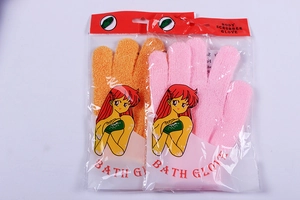 Exfoliating bath gloves in pink and orange packaging with a rough scrubbing texture