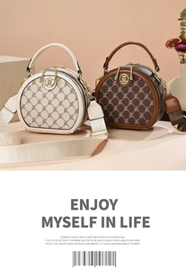Detail of vintage round crossbody bag showing textured monogram print and golden hardware