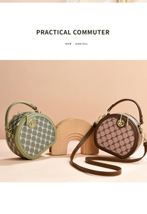 Detail showing the monogram pattern and metal hardware on round crossbody bags