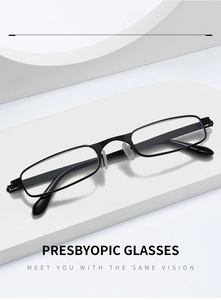 Detailed view of lightweight black narrow-frame reading glasses on geometric display stand