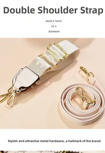 Detail showing two adjustable straps in beige leather and wide jacquard with gold hardware