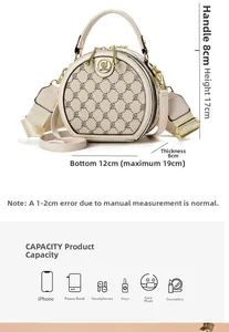 Detail of round crossbody bag showing dimensions and its capacity for essential items