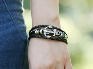 Mens vintage leather multilayer bracelet featuring a silver metal anchor clasp design