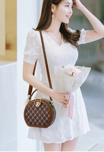 Detailed macro view of retro brown monogram round crossbody bag with golden hardware