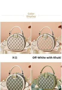 Detail view of round crossbody bags with monogram print and metal logo in various colors
