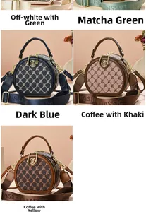 Multiple vintage round crossbody bags in five colors with classic pattern and wide straps
