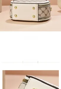 Detail view of round crossbody bag showing golden bottom studs and jacquard texture