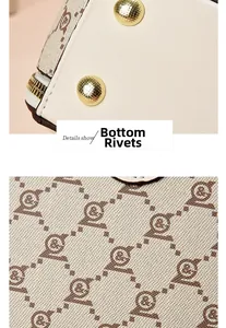 Detail shot of handbag featuring protective gold base studs and classic monogram canvas texture
