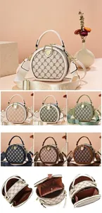 Detailed dimension guide and interior view of a vintage round crossbody handbag
