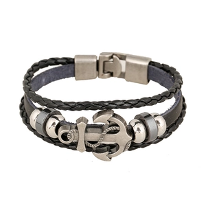 Men's retro black leather multilayer bracelet with silver metal anchor charm and buckle