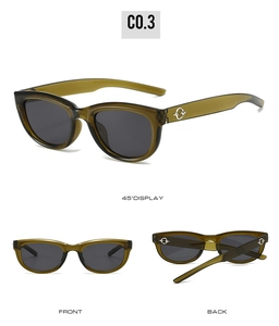 Détails des lunettes de soleil ovales vert olive avec accents argentés et verres foncés